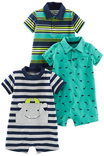 Simple Joys by Carter's 3-pack Rompers Spieler Blue Stripe/Turquoise Dino/Gray Navy 24 Months , 1 er-Pack