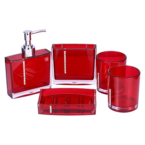 Estink- Badezimmer-Zubehör-Set, Acryl, 5-teilig, Badezimmerzubehör mit Badewannentasse, Flasche, Zahnbürstenhalter, Seifenschale (rot)