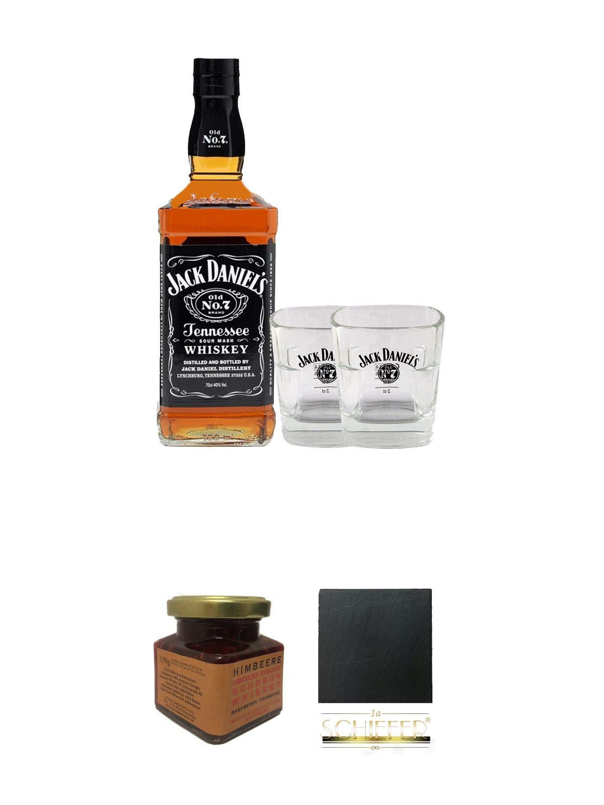 Jack Daniels Black Label No. 7-0,7 Liter + 2 x Jack Daniels Gläser + Kentucky Bourbon Himbeer-Marmelade 150 Gramm Glas + Schiefer Glasuntersetzer eckig ca. 9,5 cm Durchmesser