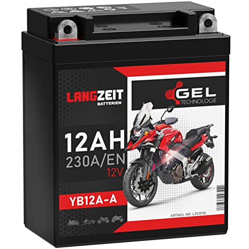 LANGZEIT YB12A-A GEL Motorradbatterie 12V 12Ah 230A/EN 51211 YB12A-B CB12A-A Gel Batterie 12V doppelte Lebensdauer vorgeladen auslaufsicher wartungsfrei ersetzt 10Ah