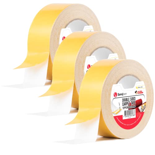 Sanojtape Original Teppichband 50mm x 25m 3-Pack Doppelseitiges Verlegeband Klebeband für Teppiche, Matten, Pads | Extra starkes Teppichband für den Innenbereich Hartholz, Fliesen, Laminat