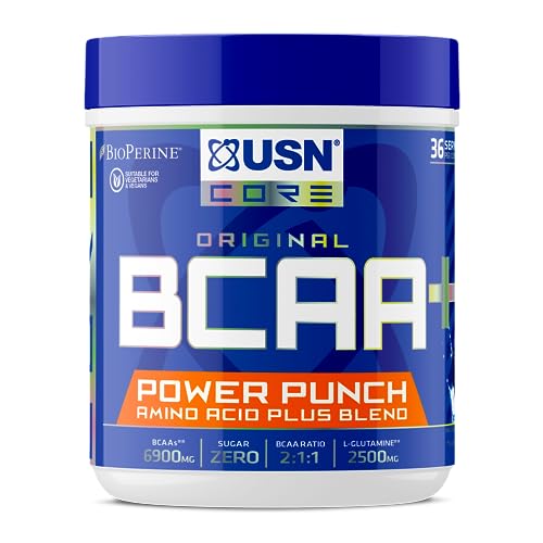 USN BCAA Power Punch 400g, BCAA Pulver mit Vitamin B6; Intra-Training Getränk mit köstlichem blaue Himbeergeschmack