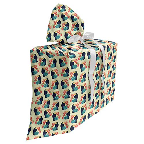 ABAKUHAUS Tropisch Baby Shower Geschänksverpackung aus Stoff, Toucan und exotische Botanik, 3x Bändern Wiederbenutzbar, 70 x 80 cm, Creme Multicolor
