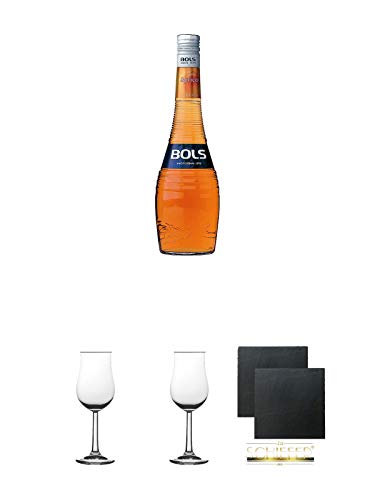 Bols Apricot Brandy Holland 0,7 Liter + 2 Bugatti Nosing Gläser mit Eichstrich 2cl und 4 cl + 2 Schiefer Glasuntersetzer eckig ca. 9,5 cm Ø