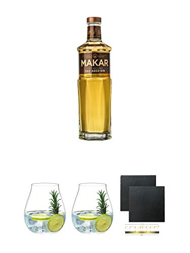 Makar Oak Aged Gin - Glasgow Distillery 0,5 Liter + Gin Tonic Glas - 5414/67 + Gin Tonic Glas - 5414/67 + Schiefer Glasuntersetzer eckig ca. 9,5 cm Ø 2 Stück