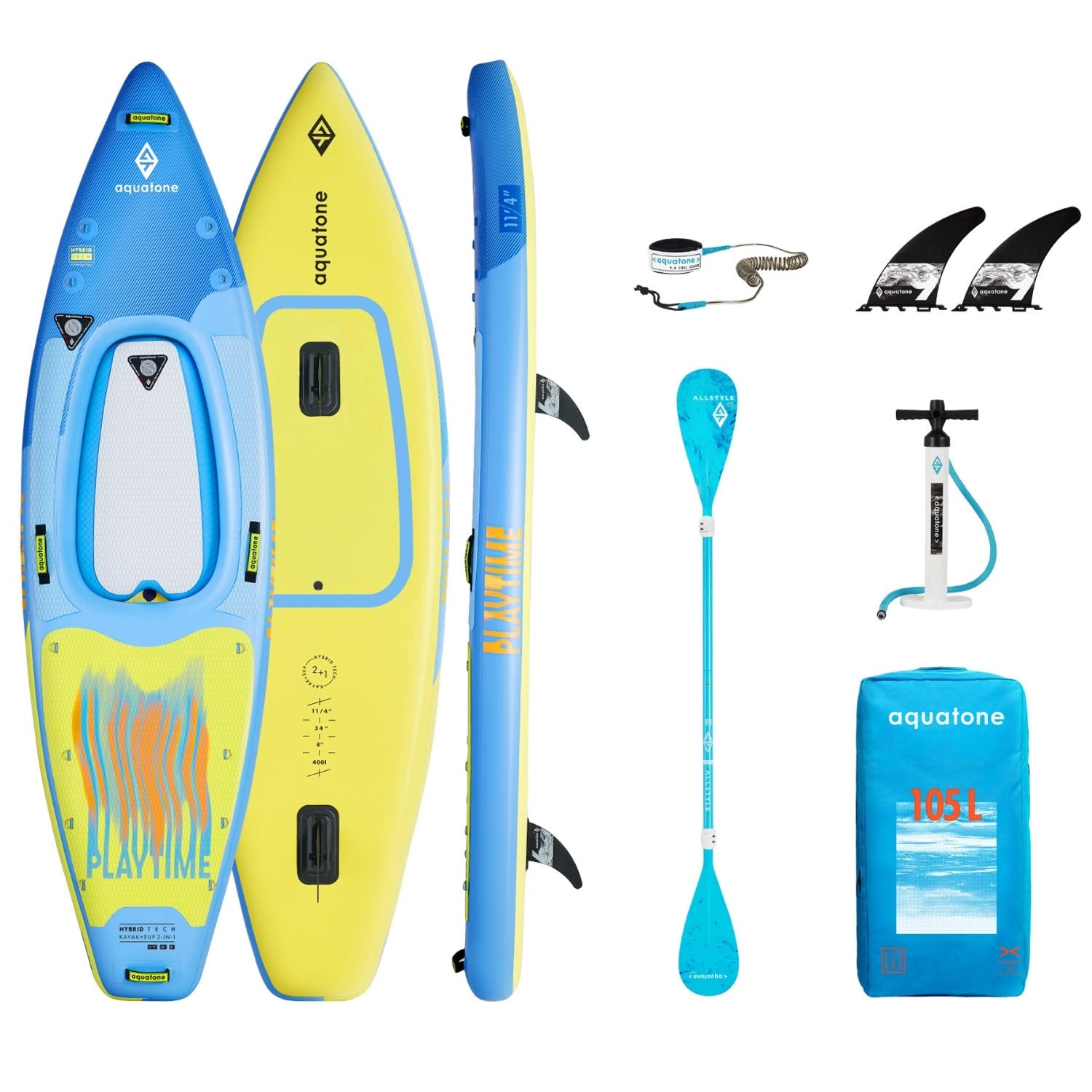Aquatone Playtime HYBRID SUP und Kayak 11'4" iSUP Set, 345x86x20cm, Volumen 400L