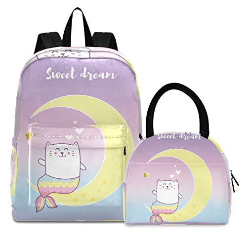 Süße Katze Meerjungfrau Mond Pastell Büchertasche Lunchpaket Set Schulter Rucksacks Bookbag Kinderrucksack Isolierte Lunchbox-Tasche für Mädchen Jungs