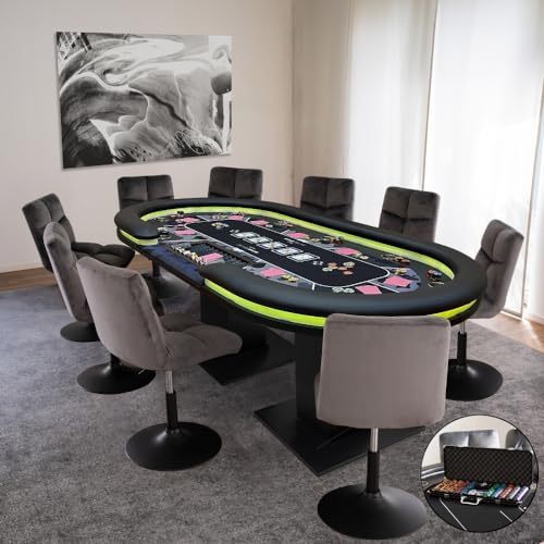 Home Deluxe - Pokertisch Flush - inkl. Pokerkoffer, mit LED Beleuchtung und Getränkehalter, für bis zu 9 Personen I Spieltisch Poker Tisch - Variantenauswahl (Pokertisch inkl. 2 Stühlen)