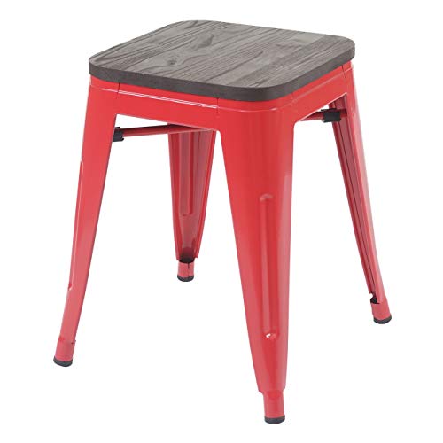 Hocker HWC-A73 inkl. Holz-Sitzfläche, Metallhocker Sitzhocker, Metall Industriedesign stapelbar ~ rot