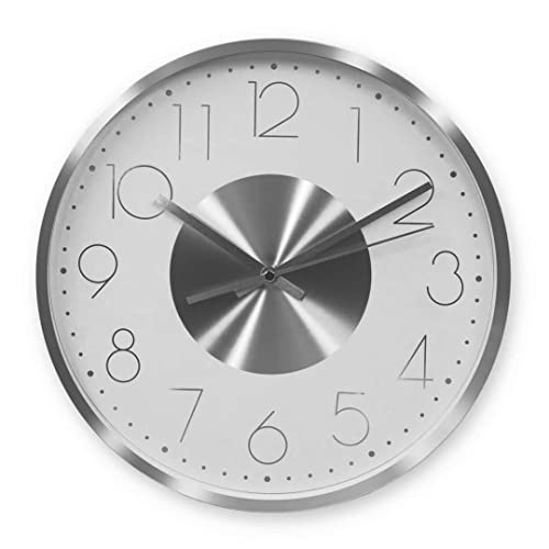 Silberne Aluminium Wanduhr 30 cm Durchmesser ohne Tickgeräusche langlebige Uhr Metallic Loft Stil für Wohnzimmer Schlafzimmer Büro lautlose Feng Shui Wanduhren (Silber Weiß)