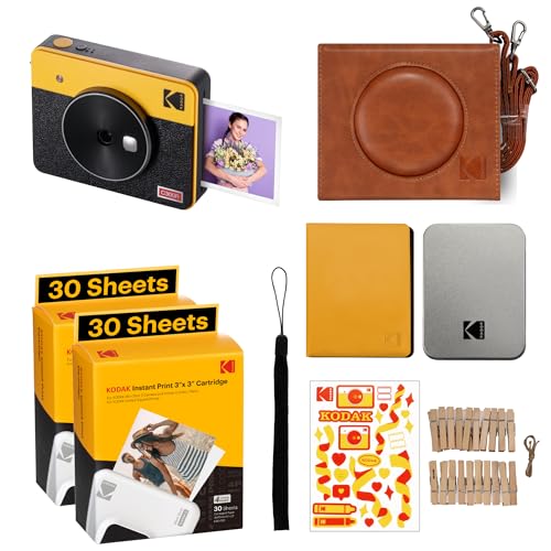 Kodak Mini Shot 3 Retro Tragbare Kabellose Sofortbildkamera und Fotodrucker, iOS & Android, Bluetooth, 76 x 76 mm, 4Pass-Technologie,Zubehör-Bundel, 68 Blatt, Gelb