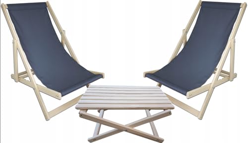 WOODOK 2er Set Liegestuhl Klappbar + Couchtisch - Gartenliege Klappbar bis 120kg, Sonnenliegen aus Buchenholz - Holzliegestühlen mit 3-Stufige Rückenlehnenverstellung (Grau)