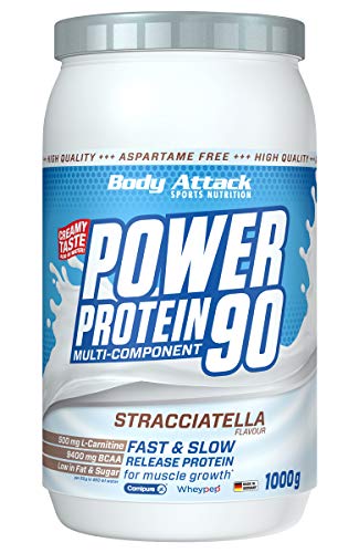 Body Attack Power Protein 90, 5K Eiweißpulver mit Whey-Protein, L-Carnitin und BCAA für Muskelaufbau und Fitness, Made in Germany (Stracciatella Cream, 2 x 1 kg)