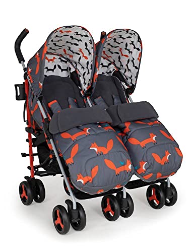 Cosatto Supa Dupa Doppel-Kinderwagen - Kinderwagen ab Geburt 0-25 kg, leicht, kompakt zusammenklappbar, mit Fußsäcken, Getränkehalter & Regenschutz (Charcoal Mister Fox)