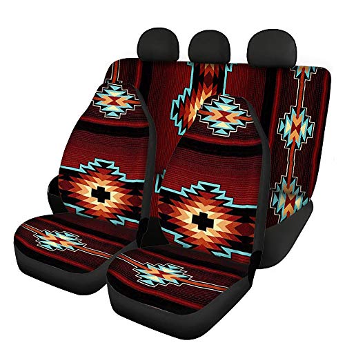 Binienty Southwest Aztec Geometrisches Design Universal Autositzbezüge, 4 Stück, Satteldecke Stretch Stoff Sitzschutz für vorne und hinten, Tribal-Stil, Rot