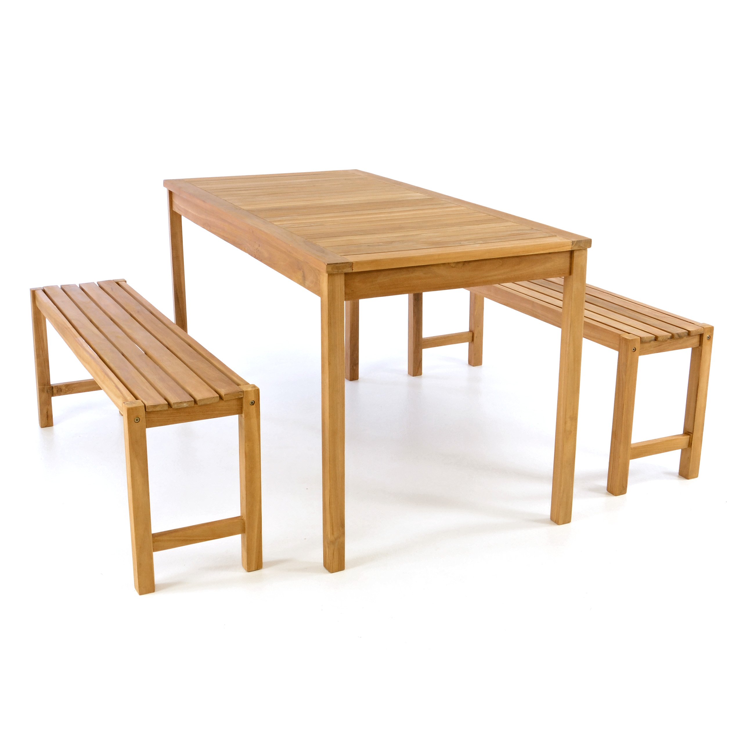 Divero Garten- & Picknick-Set Sitzgruppe Gartenmöbel-Garnitur 3-teilig 1 Tisch 2 Bänke behandelte unbehandelte Oberfläche Teak-Holz massiv 135 cm wählbar (135 cm, Teak Natur) (braun)