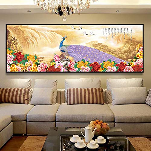 Leinwand Malerei Pfau Landschaft Wandkunst Chinesische Plakatdrucke Wohnkultur Wandbilder für Wohnzimmer Dekoration 70x210cm (28 "x83") Ungerahmt