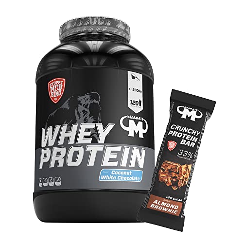 Mammut Nutrition 3kg Mammut Whey Protein Eiweißshake - Set inkl. Protein Shaker, Riegel, Powderbank oder Tasse (Coconut White Chocolate, Mammut Protein Bar - Almond Brownie)