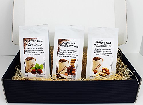 Geschenk Set Aromatisierter Kaffee Ganze Bohne 3 x 200 g (Haselnuss, Karamell und Macadamia)