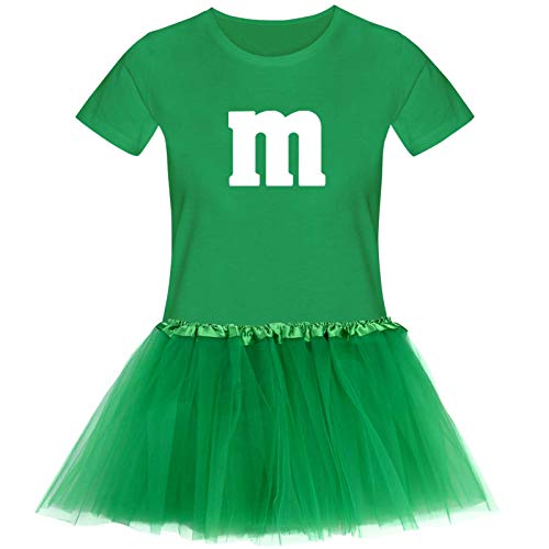 T-Shirt M&M + Tüllrock Karneval Gruppenkostüm Schokolinse 11 Farben Damen XS-3XL Fasching Verkleidung M's Fans Tanzgruppe, Größenauswahl:XL, Farbauswahl:grün - Logo Weiss (+Tütü grün)