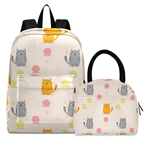 Schwarze Gelbe Katzen Wollknäuel Büchertasche Lunchpaket Set Schulter Rucksacks Bookbag Kinderrucksack Isolierte Lunchbox-Tasche für Mädchen Jungs