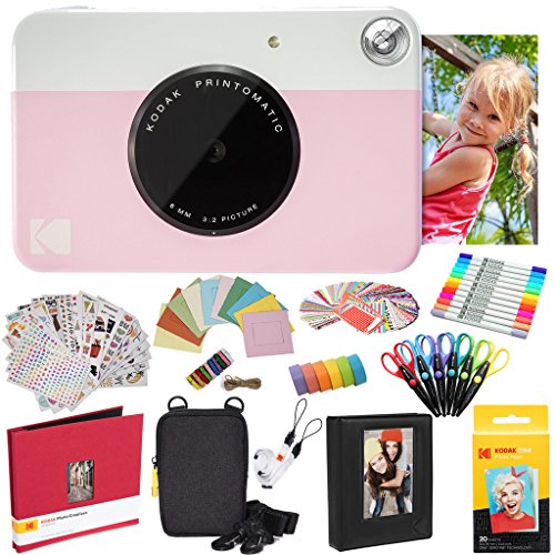 KODAK Printomatic Instant Camera (Rosa) Komplettpaket + Zinkpapier (20 Blatt) + Luxusetui + Fotoalbum + 7 Aufklebersätze + Marker + Scheren + Randaufkleber und mehr