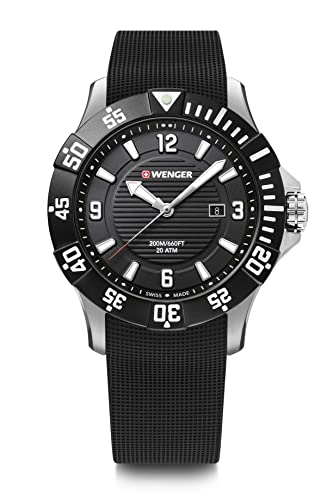 Wenger, Seaforce 43mm, schwarzes Zifferblatt, Gummibanduhr für Herren