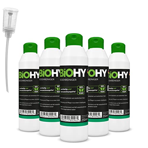 BiOHY Bodenreiniger (6x250ml Flasche) + Dosierer | Konzentrat für alle Reinigungsgeräte und alle Hartböden | Angenehmer Geruch und streifenfreie Reinigung