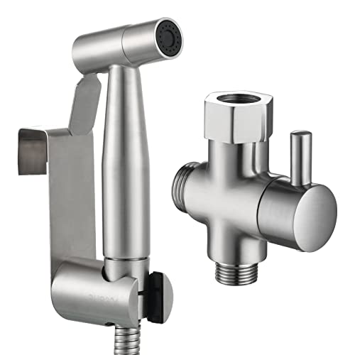 Tecmolog Bidet Handbrause Edelstahl Bidet Sprayer Set mit 3-Wege Umschaltventil 3/8"-12/17 und Duschkopfhalterung ohne Bohren Nickel Gebürstet, WS024F8