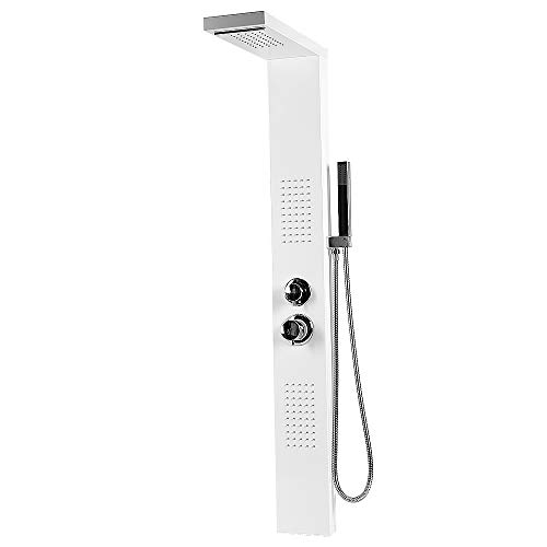 Duschsäule aus Edelstahl, Duschsystem mit Massagedüsen, Handbrause, Wasserfall und Regendusche, 130 x 47 x 15 cm, weiß