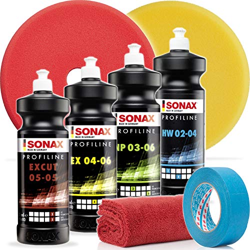 detailmate Sonax Polituren Set - SONAX PROFILINE: EX Cut 05/05 1L + EX 04/06 1L + NP 03/06 1L + HartWax 1L + SONAX Exzenter Pad medium + SONAX Exzenter Pad hart + 3M Abdeckband 18mm + Poliertuch
