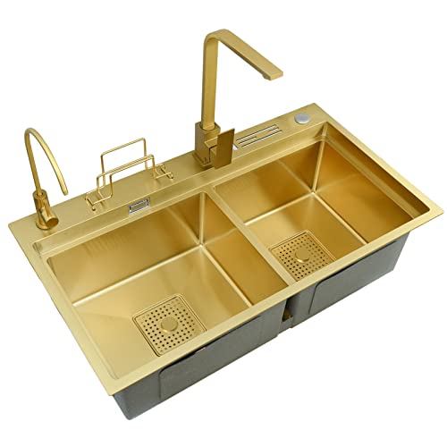 304 Edelstahl Zimmer Küchenspüle Gold Doppelschüssel Bar Prep Spüle Multifunktions RV Waschbecken mit Wasserhahn und Ablaufmontage Drop in oder unter Montage (Color : Gold-H, Size : 82x46x24cm) (