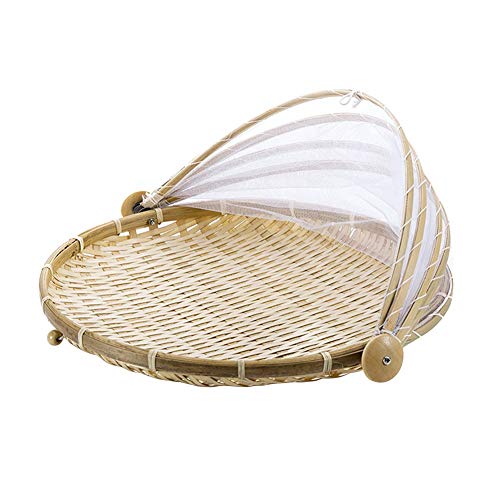 Chiffon Hand Woven Round Picnic Basket, Dustproof Serving Basket Textile Woven Mesh Cover Prevent Mosquito Flies, Round, Large
