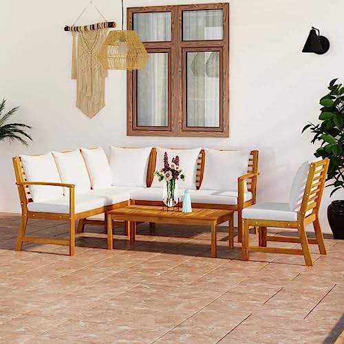 WHOPBXGAD terrassenmöbel,balkonmöbel Kleiner Balkon,Tisch klappbar,5-TLG. Garten-Lounge-Set mit Auflagen Creme Massivholz Akazieterassenmöbel außen,balkonmöbel Set,glasplatte Tisch,