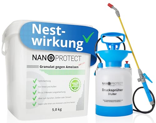 Nanoprotect Granulat gegen Ameisen | 5 kg + Drucksprüher | Streu- und Gießmittel | Sofort- und Langzeiteffekt | Ameisenabwehr Innen und Außen | Geruchloses Ameisengift
