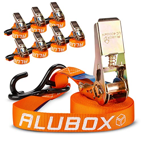 Alubox Spanngurt mit Ratsche und S-Haken 25mm breit orange Belastbarkeit 400kg Ratschengurt TÜV G/S geprüft - Länge 4,5m - 8 Stück