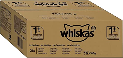 Whiskas Katzenfutter Nassfutter 1+ für erwachsene Katzen - saftige Geflügel-Auswahl in Gelee, 84 Portionsbeutel (84 x 100 g)