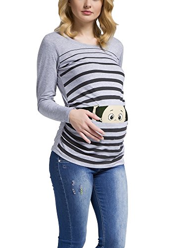 Witzige süße Umstandsmode T-Shirt mit Motiv Schwangerschaft Geschenk - Langarm (Large, Grau)