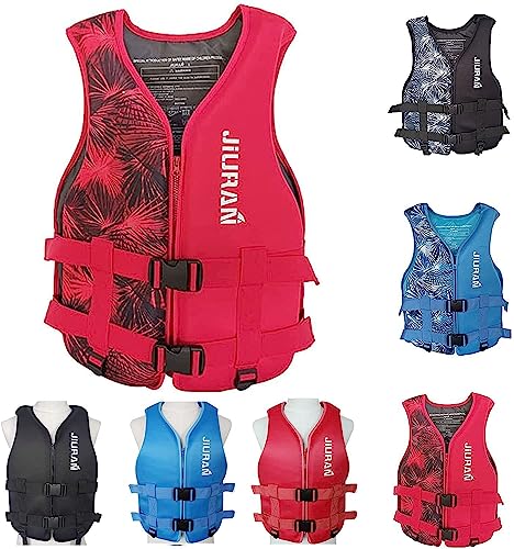 Rettungsweste Erwachsene Kinder, Schwimmweste Neopren, Auftriebsweste Kajak Sup, Unisex Life Jacket für Herren/Damen, Wassersport Schwimmhilfe mit Verstellbare Hüftgurt und Schrittgurt,Rot b,L