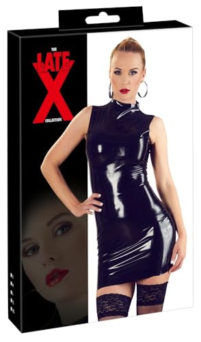 LATE X Minikleid - figurbetontes Fetish-Kleid für Frauen, Lack-Optik, glänzender Wet-Look, Steh-Kragen, ärmellos, eng anliegend, schwarz, 340 g