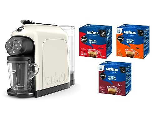 Lavazza, A Modo Mio Deséa White Cream Kaffeemaschine mit 88 Kapseln Crema und Gusto sortiert, Espressomaschine 1500 W, 220-240 V, 50/60 Hz, Kapazität max. 10 Kaffeekapseln und 1,1 Liter Wasser