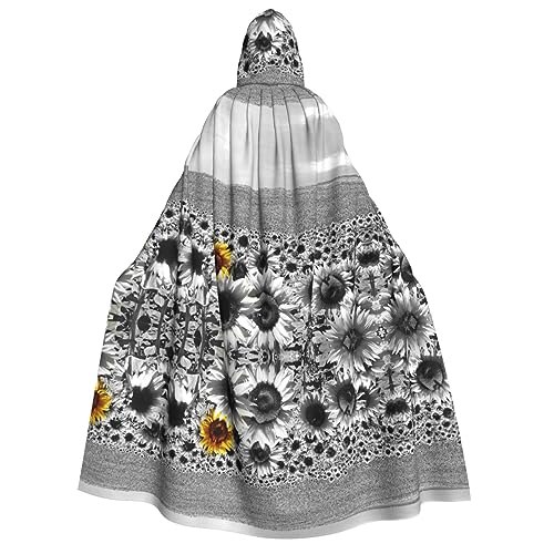 Sylale Unisex Kapuzenumhang mit Sonnenblumen-Motiv, Schwarz und Weiß, für Weihnachten, Halloween, Cosplay-Kostüm für Erwachsene