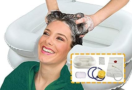 OrtoPrime Haarwaschbecken für Bettlägrige - Haarewaschen Waschbecken - Haare waschen im Bett - Friseur waschbecken Mobil - Mit Inflator - Aufblasbare Badewanne für Bett und Stuhl