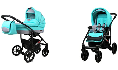 BabyLux Largo 2-in-1 Baby Kinderwagen Tief und Kinderwagen mit Zubehör Verstellbar und faltbar Aluminiumkonstruktion Wasserdicht Nicht abnehmbare Räder Mint Black Frame