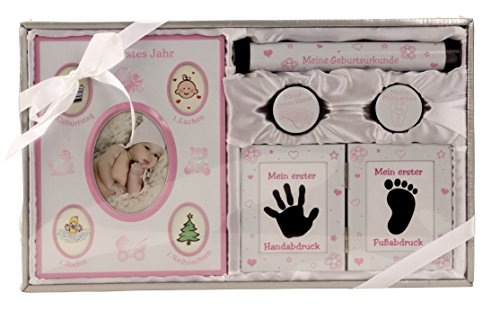 Babyset inklusive Bilderrahmen, 2 Dosen für Milchzähne und Haar, Röhre für die Geburtsturkunde und Rahmen für Hand und Fußabdruck 26x44 cm