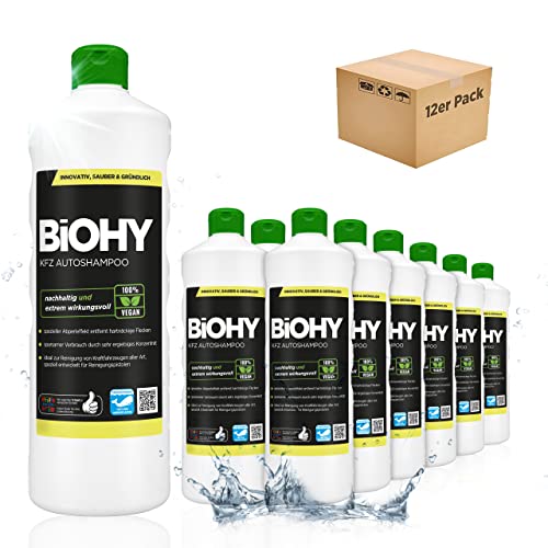 BiOHY KFZ Autoshampoo (12 x 1 Liter) | Bio Autoreiniger schützt Lack vor Schmutz von Außen | biologisch abbaubares Reinigungsmittel | für Hochdruckreiniger geeignet | kraftvolles Konzentrat
