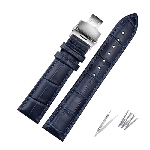 PEIXEN Armband aus echtem Leder, dunkelblau, Armband mit Schmetterlingsverschluss, Größe: 16 mm, 18 mm, 20 mm, 21, 22 mm, 23 mm (Color : Blue silver buckle, Size : 21mm)