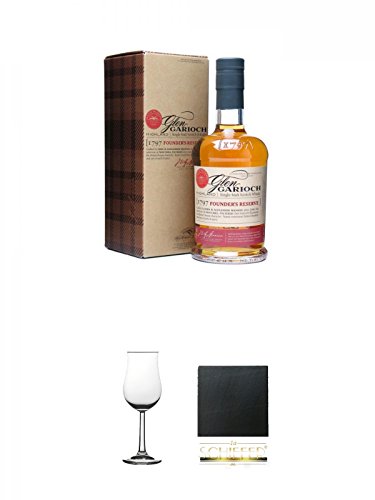 Glen Garioch Founders Reserve 1797 0,7 Liter + Whisky Nosing Gläser Kelchglas Bugatti mit Eichstrich 2cl und 4cl 1 Stück + Schiefer Glasuntersetzer eckig ca. 9,5 cm Durchmesser