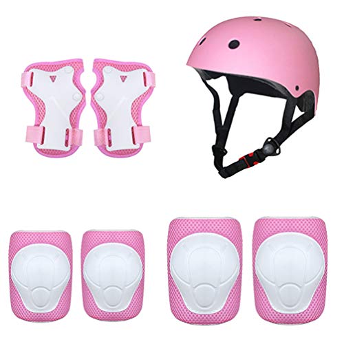 OttoBen Kinder Skateboard Protektoren, Helm & Knieschoner & Ellenbogenschoner & Handgelenkschoner 7-teiliges Set, Schutzausrüstung für Sport Rollschuhe Fahrrad Radfahren Inline Skates Rosa S