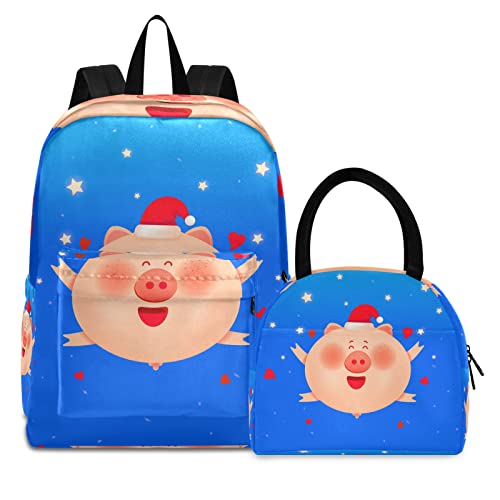 Weihnachtsschwein Herz Schweinchen Büchertasche Lunchpaket Set Schulter Rucksacks Bookbag Kinderrucksack Isolierte Lunchbox-Tasche für Mädchen Jungs